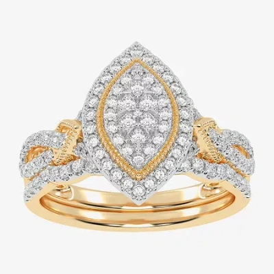 Modern Bride Womens 1/2 Ct. T.w. Natural White Diamond 10k White Gold Marquise Side Stone Halo Bridal Set