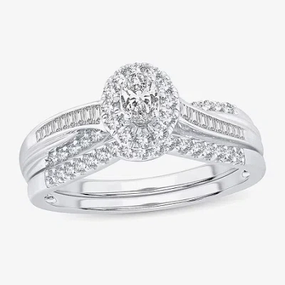 Modern Bride Womens 1/2 Ct. T.w. Natural White Diamond 10k White Gold Oval Side Stone Halo Bridal Set