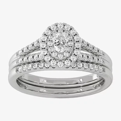 Modern Bride Womens 1/2 Ct. T.w. Natural White Diamond 10k White Gold Oval Side Stone Halo Bridal Set In Silver