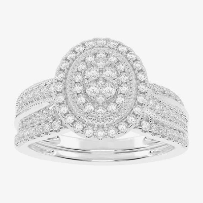 Modern Bride Womens 1/2 Ct. T.w. Natural White Diamond 10k White Gold Oval Side Stone Halo Bridal Set In Silver