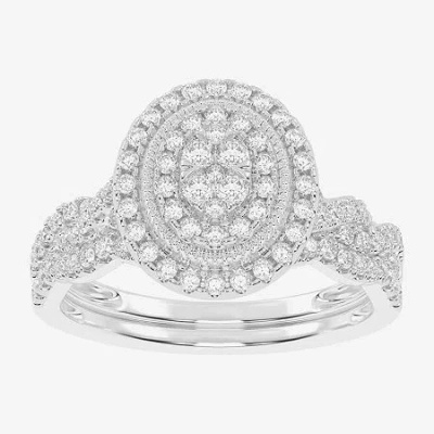 Modern Bride Womens 1/2 Ct. T.w. Natural White Diamond 10k White Gold Oval Side Stone Halo Bridal Set In Silver