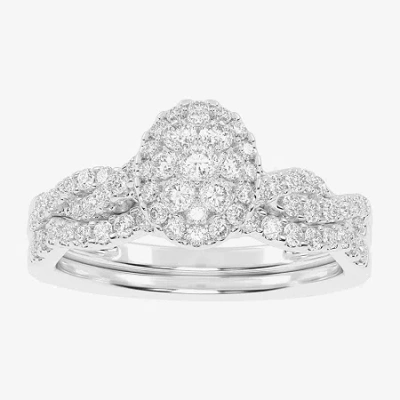 Modern Bride Womens 1/2 Ct. T.w. Natural White Diamond 10k White Gold Oval Side Stone Halo Bridal Set In Silver
