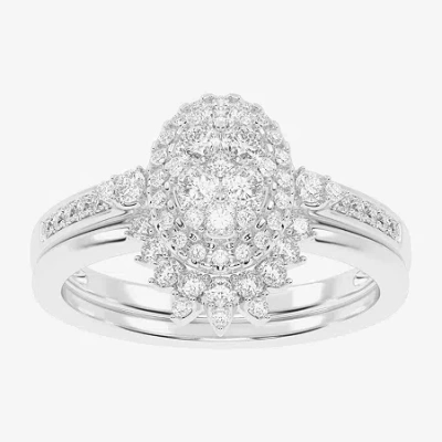 Modern Bride Womens 1/2 Ct. T.w. Natural White Diamond 10k White Gold Oval Side Stone Halo Bridal Set In Silver