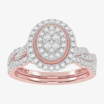 Modern Bride Womens 1/2 Ct. T.w. Natural White Diamond 10k White Gold Oval Side Stone Halo Bridal Set In Pink