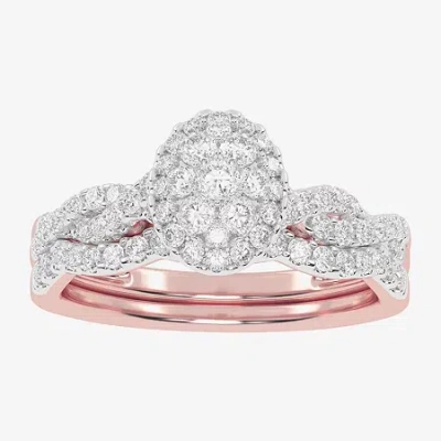 Modern Bride Womens 1/2 Ct. T.w. Natural White Diamond 10k White Gold Oval Side Stone Halo Bridal Set In Multi