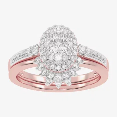 Modern Bride Womens 1/2 Ct. T.w. Natural White Diamond 10k White Gold Oval Side Stone Halo Bridal Set In Pink
