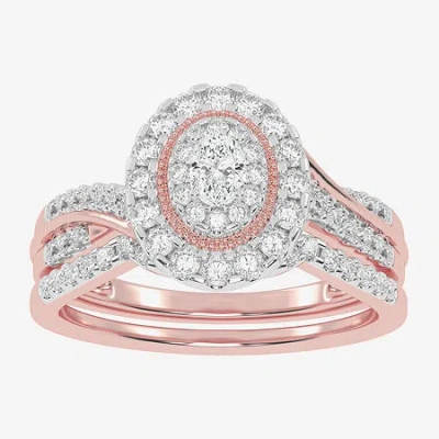 Modern Bride Womens 1/2 Ct. T.w. Natural White Diamond 10k White Gold Oval Side Stone Halo Bridal Set In Pink