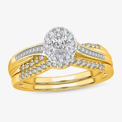 Modern Bride Womens 1/2 Ct. T.w. Natural White Diamond 10k White Gold Oval Side Stone Halo Bridal Set