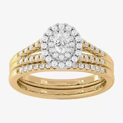 Modern Bride Womens 1/2 Ct. T.w. Natural White Diamond 10k White Gold Oval Side Stone Halo Bridal Set In Yellow