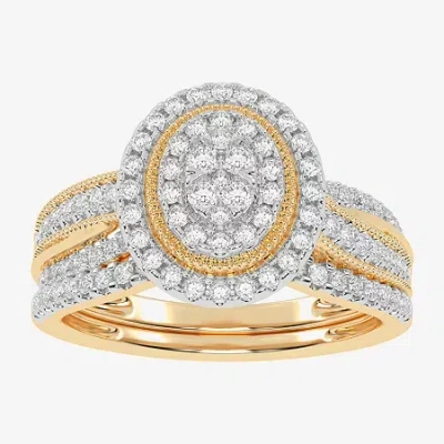 Modern Bride Womens 1/2 Ct. T.w. Natural White Diamond 10k White Gold Oval Side Stone Halo Bridal Set