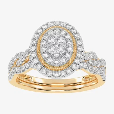 Modern Bride Womens 1/2 Ct. T.w. Natural White Diamond 10k White Gold Oval Side Stone Halo Bridal Set