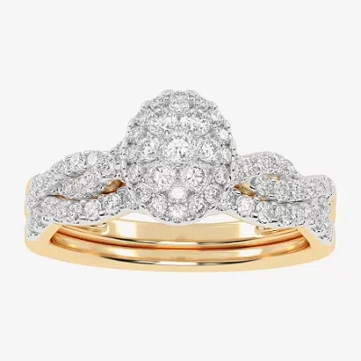 Modern Bride Womens 1/2 Ct. T.w. Natural White Diamond 10k White Gold Oval Side Stone Halo Bridal Set