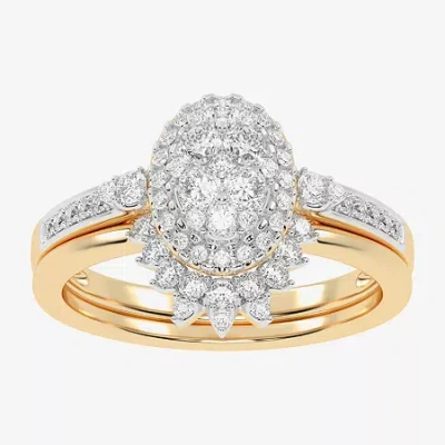 Modern Bride Womens 1/2 Ct. T.w. Natural White Diamond 10k White Gold Oval Side Stone Halo Bridal Set