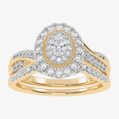 Modern Bride Womens 1/2 Ct. T.w. Natural White Diamond 10k White Gold Oval Side Stone Halo Bridal Set