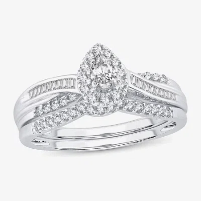 Modern Bride Womens 1/2 Ct. T.w. Natural White Diamond 10k White Gold Pear Side Stone Halo Bridal Set