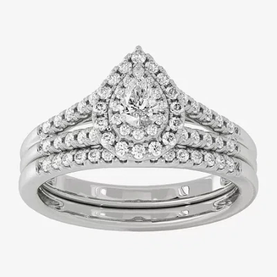 Modern Bride Womens 1/2 Ct. T.w. Natural White Diamond 10k White Gold Pear Side Stone Halo Bridal Set