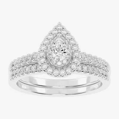 Modern Bride Womens 1/2 Ct. T.w. Natural White Diamond 10k White Gold Pear Side Stone Halo Bridal Set