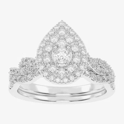 Modern Bride Womens 1/2 Ct. T.w. Natural White Diamond 10k White Gold Pear Side Stone Halo Bridal Set In Silver