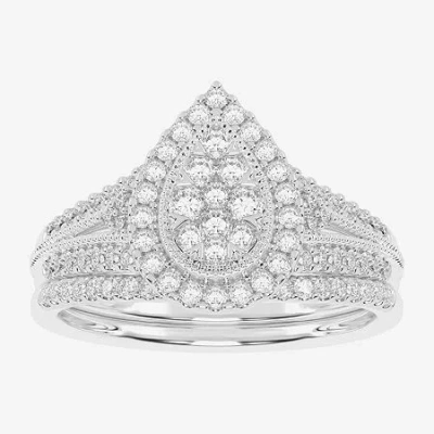 Modern Bride Womens 1/2 Ct. T.w. Natural White Diamond 10k White Gold Pear Side Stone Halo Bridal Set In Silver