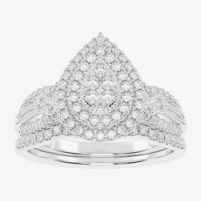 Modern Bride Womens 1/2 Ct. T.w. Natural White Diamond 10k White Gold Pear Side Stone Halo Bridal Set In Silver