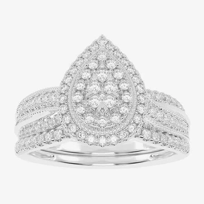 Modern Bride Womens 1/2 Ct. T.w. Natural White Diamond 10k White Gold Pear Side Stone Halo Bridal Set In Silver