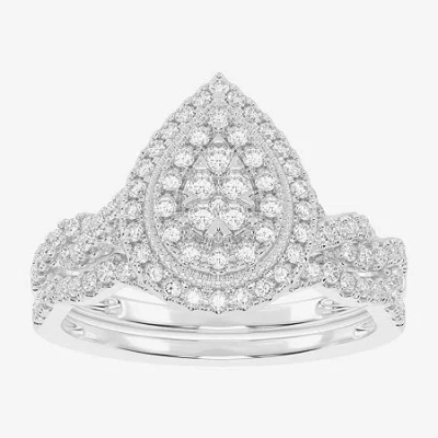 Modern Bride Womens 1/2 Ct. T.w. Natural White Diamond 10k White Gold Pear Side Stone Halo Bridal Set In Silver
