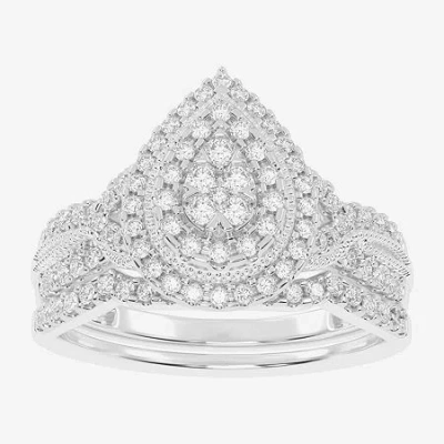Modern Bride Womens 1/2 Ct. T.w. Natural White Diamond 10k White Gold Pear Side Stone Halo Bridal Set In Silver