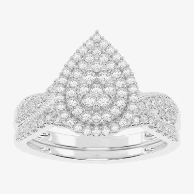 Modern Bride Womens 1/2 Ct. T.w. Natural White Diamond 10k White Gold Pear Side Stone Halo Bridal Set In Silver