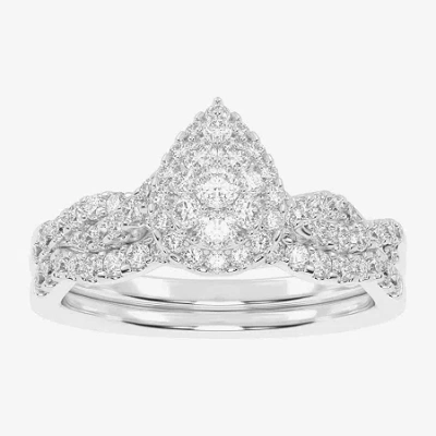 Modern Bride Womens 1/2 Ct. T.w. Natural White Diamond 10k White Gold Pear Side Stone Halo Bridal Set In Silver