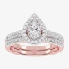 Modern Bride Womens 1/2 Ct. T.w. Natural White Diamond 10k White Gold Pear Side Stone Halo Bridal Set In Pink