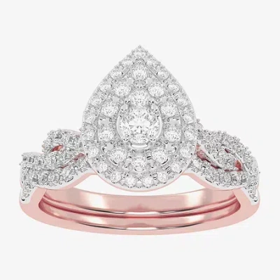 Modern Bride Womens 1/2 Ct. T.w. Natural White Diamond 10k White Gold Pear Side Stone Halo Bridal Set In Pink