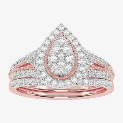 Modern Bride Womens 1/2 Ct. T.w. Natural White Diamond 10k White Gold Pear Side Stone Halo Bridal Set In Pink