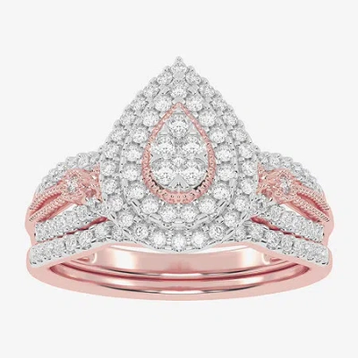 Modern Bride Womens 1/2 Ct. T.w. Natural White Diamond 10k White Gold Pear Side Stone Halo Bridal Set In Multi