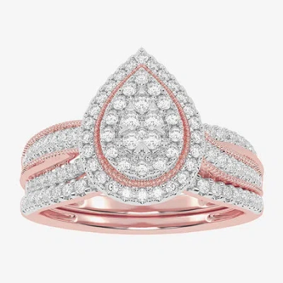 Modern Bride Womens 1/2 Ct. T.w. Natural White Diamond 10k White Gold Pear Side Stone Halo Bridal Set In Metallic