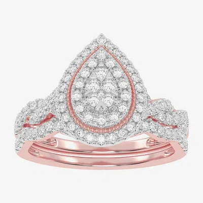 Modern Bride Womens 1/2 Ct. T.w. Natural White Diamond 10k White Gold Pear Side Stone Halo Bridal Set In Pink