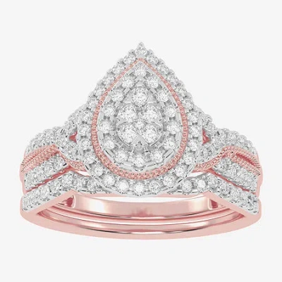 Modern Bride Womens 1/2 Ct. T.w. Natural White Diamond 10k White Gold Pear Side Stone Halo Bridal Set In Pink