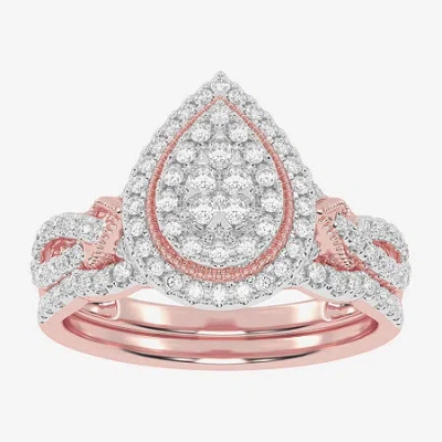 Modern Bride Womens 1/2 Ct. T.w. Natural White Diamond 10k White Gold Pear Side Stone Halo Bridal Set In Metallic