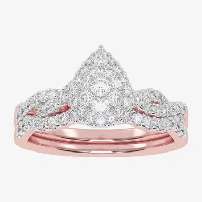 Modern Bride Womens 1/2 Ct. T.w. Natural White Diamond 10k White Gold Pear Side Stone Halo Bridal Set In Pink