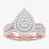Modern Bride Womens 1/2 Ct. T.w. Natural White Diamond 10k White Gold Pear Side Stone Halo Bridal Set In Pink