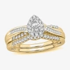 Modern Bride Womens 1/2 Ct. T.w. Natural White Diamond 10k White Gold Pear Side Stone Halo Bridal Set In Gold