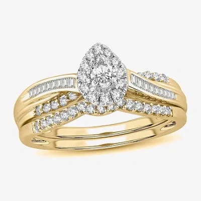 Modern Bride Womens 1/2 Ct. T.w. Natural White Diamond 10k White Gold Pear Side Stone Halo Bridal Set