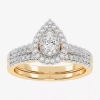 Modern Bride Womens 1/2 Ct. T.w. Natural White Diamond 10k White Gold Pear Side Stone Halo Bridal Set In Gold