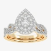 Modern Bride Womens 1/2 Ct. T.w. Natural White Diamond 10k White Gold Pear Side Stone Halo Bridal Set In Gold