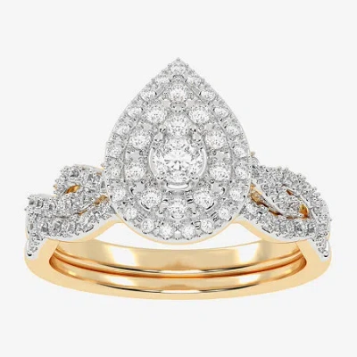 Modern Bride Womens 1/2 Ct. T.w. Natural White Diamond 10k White Gold Pear Side Stone Halo Bridal Set