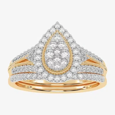 Modern Bride Womens 1/2 Ct. T.w. Natural White Diamond 10k White Gold Pear Side Stone Halo Bridal Set