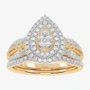 Modern Bride Womens 1/2 Ct. T.w. Natural White Diamond 10k White Gold Pear Side Stone Halo Bridal Set In Gold