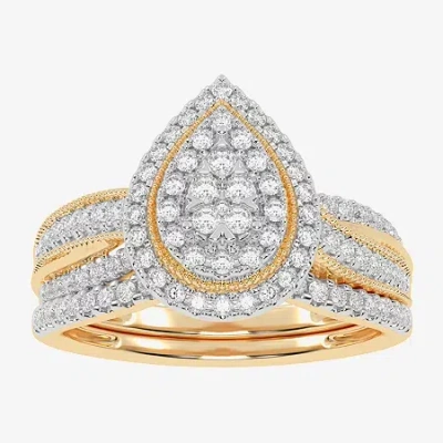 Modern Bride Womens 1/2 Ct. T.w. Natural White Diamond 10k White Gold Pear Side Stone Halo Bridal Set