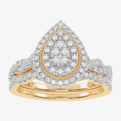 Modern Bride Womens 1/2 Ct. T.w. Natural White Diamond 10k White Gold Pear Side Stone Halo Bridal Set