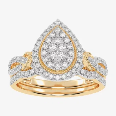 Modern Bride Womens 1/2 Ct. T.w. Natural White Diamond 10k White Gold Pear Side Stone Halo Bridal Set