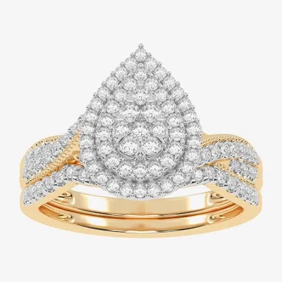 Modern Bride Womens 1/2 Ct. T.w. Natural White Diamond 10k White Gold Pear Side Stone Halo Bridal Set